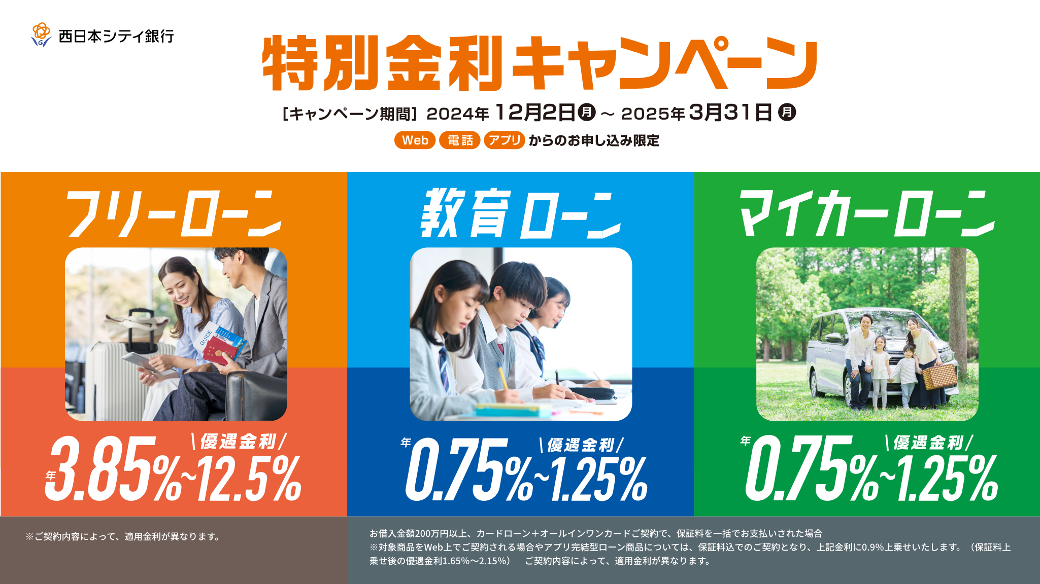 特別金利キャンペーン実施中！マイカーローン、教育ローンは優遇金利年0.75%～1.25%（保証料上乗せ後の最優遇金利0.75%～）、フリーローンは優遇金利年3.8％～12.5%